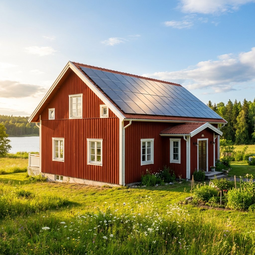 Svenskt hus med solpaneler på taket