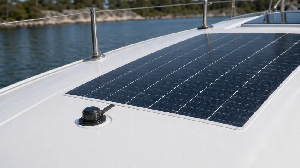 Flexibel marin solpanel med tät kabelgenomföring på ett segelbåtsdäck