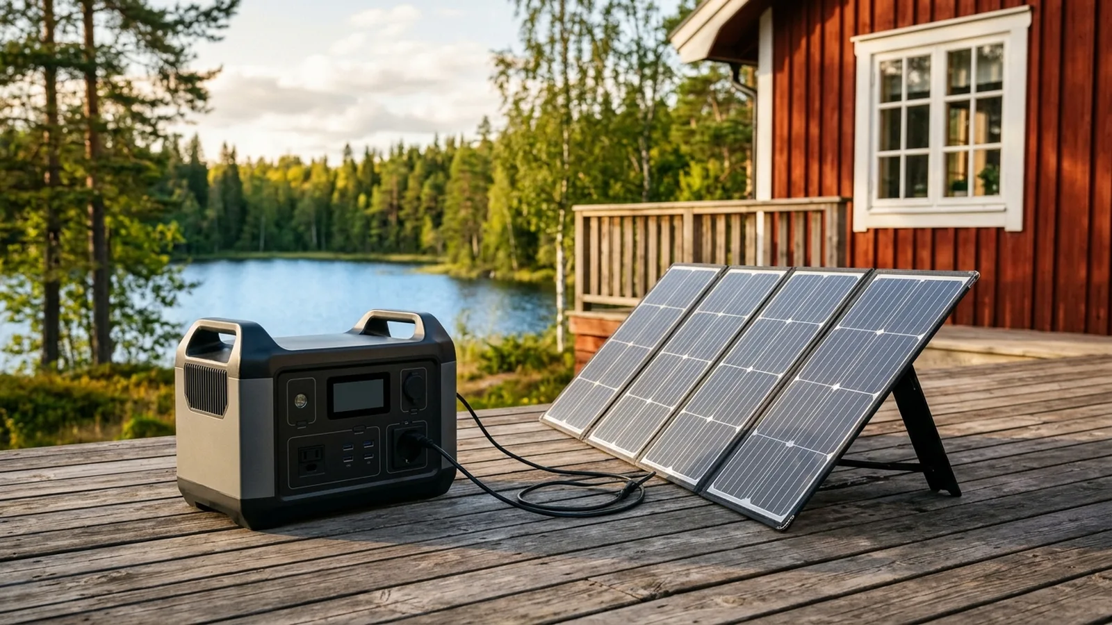 Bärbart kraftverk med vikbar solpanel på en altan vid en svensk stuga