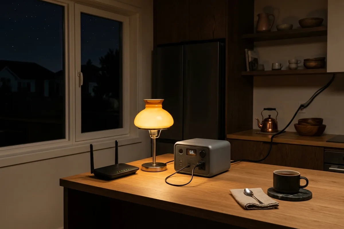 Powerstation som driver kylskåp, router och lampa i ett mörkt kök under ett strömavbrott